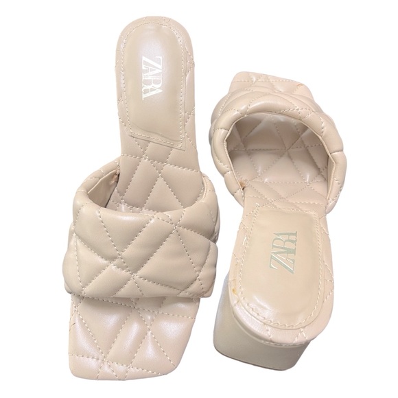 Zara Tan/Beige Faux Quilted Leather Square Open Toe Block Heels Size 37/US Sz 7 - Picture 1 of 9